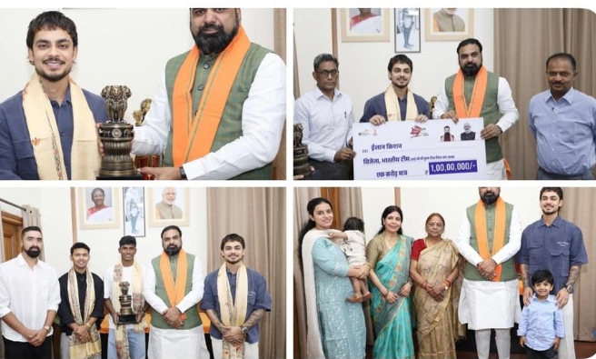 मुख्यमंत्री ने आई०सी०सी० टी-20 वर्ल्ड कप 2026 में विजेता भारतीय क्रिकेट टीम के सदस्य, शानदार बल्लेबाज, बिहार के लाल श्री ईशान किशन को 1 करोड़ रूपये का चेक एवं अंगवस्त्र प्रदान ।। राज्य निवेश प्रोत्साहन बोर्ड की 67वीं बैठक में लिया गया निर्णय।।